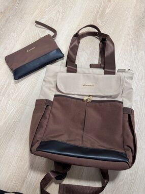 Leaurel Brown & Beige Two-Tone Backpack Tote with Pouch